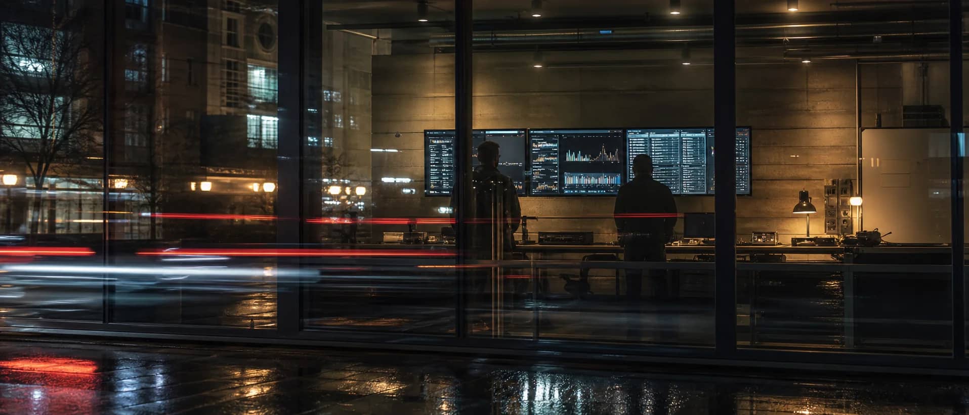 Long exposure view through glass into a technical operations room at night