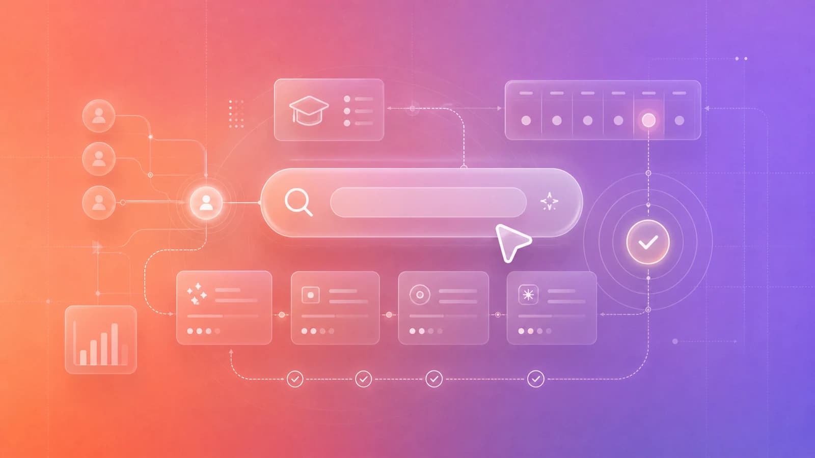 Abstract enablement illustration with layered documents and a glass search control